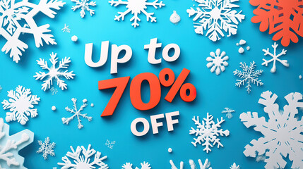 Wall Mural - Festive winter sale with snowflakes and bold text offering up to 70% off on blue background