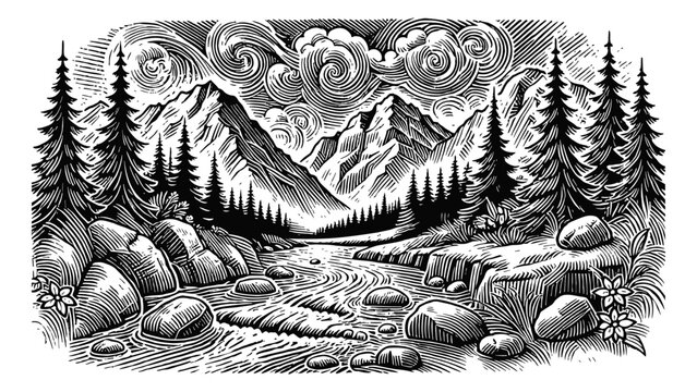 mountain landscape river tree engraving black and white outline
