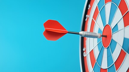 Red dart hitting the bullseye of a dartboard on a blue background.