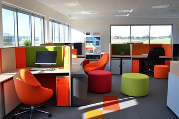 Aufkleber - Modern office interior with bright colored furniture,  desks, and large windows.