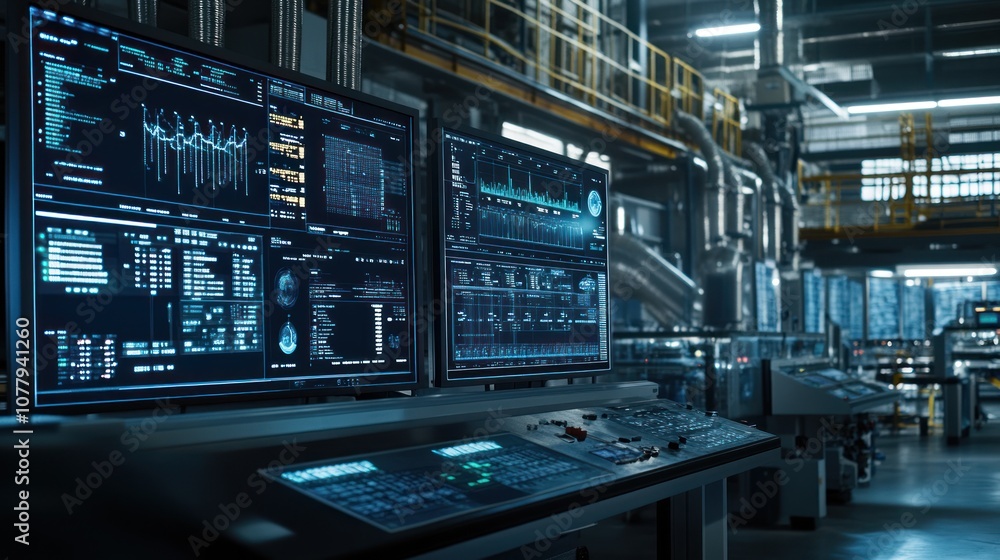 High-tech control room with multiple screens displaying data and analytics.