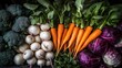 © Sinechana - 50.An assortment of fresh vegetables on display, including bright orange carrots, white radishes, Chinese cabbage, and leafy greens. The contrasting colors and textures of the vegetables are
