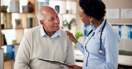 Canvas Print - Hospital, clipboard and doctor with mature man for medical service, results and consulting. Healthcare, clinic and woman with senior patient with paperwork for medicare, insurance and prescription