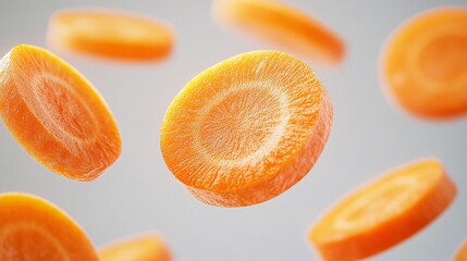 Wall Mural - 33.A dynamic image of round carrot slices suspended in the air, isolated on a white background. The vibrant orange pieces are shown in motion, with each slice perfectly cut and floating as if frozen