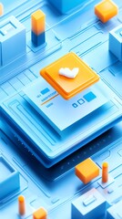 Poster - A 3D render of a heart icon on a blue and orange platform, representing digital love and connection.