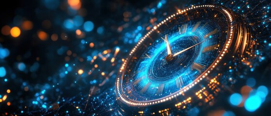 A futuristic clock surrounded by glowing particles and digital elements.