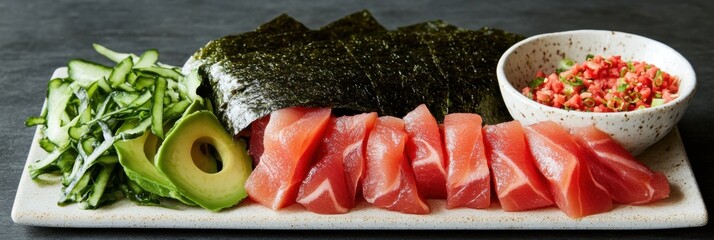 Wall Mural - Colorful flat lay of fresh sushi ingredients for creative culinary ideas