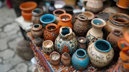 Wall Mural - Colorful pottery display at peruvian festival of santurantikuy