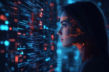 A woman looks at a digital display with code and data, futuristic and abstract.