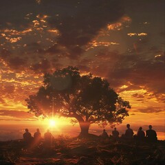 Poster - Group of people are sitting under a tree in a field