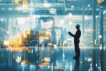 Wall Mural - industrial data collection and digital twin technology in industry 4.0 with engineer in hall