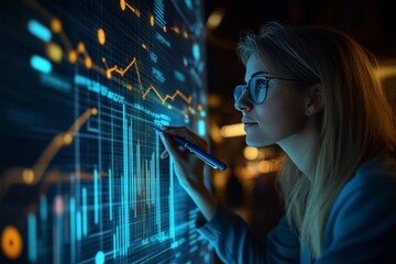 Wall Mural - businessman creating a gantt chart on a virtual screen with augmented reality for strategy planning