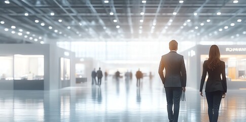 Aufkleber - Two businesspeople walking through a large convention hall or trade show, with other people blurred in the background.