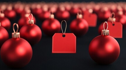 A collection of vibrant red Christmas ornaments with a blank tag, perfect for festive decoration and gift ideas.