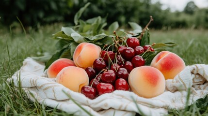 Canvas Print - Fresh summer fruits flat lay with peaches and cherries in garden setting for seasonal design