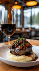 Wall Mural - Gourmet osso buco braised veal shank with wine in elegant dining setting