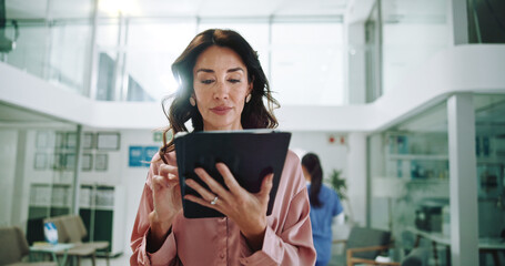 hospital, consultant and woman on tablet for medical service, results and internet research. healthc
