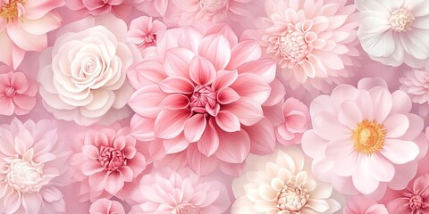 Closeup of various delicate pink and white flowers with soft petals.