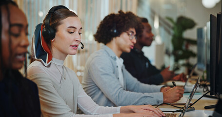 Poster - Consultant, call center and agent with woman in office for customer service, order processing or contact us. Ecommerce help desk, communication and sales with people in crm agency for billing inquiry