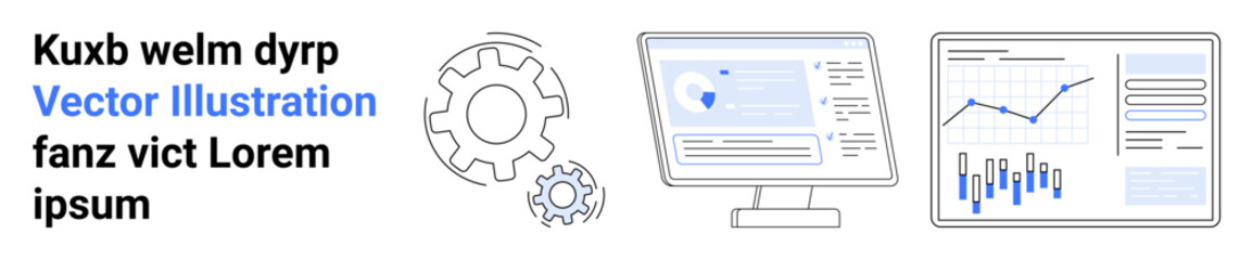 Monitor with analytics, graph charts, large gear, small gear, and text in black and blue. Ideal for tech startups, data analysts, business presentations, software companies, web design, digital