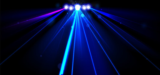 Wall Mural - bright spotlight shining on black background. vector realistic illustration of neon blue, pink, purp