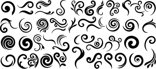 Decorative swirl and spiral vector silhouette set, perfect swirl for graphic design. Elegant shapes add a stylish touch to invitations, logos, tattoos, and art projects