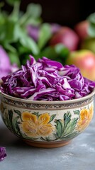 Poster - Vibrant red cabbage and apple salad in floral bowl for spring dining experience