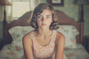 Vintage portrait image of a caucasian teenage girl sitting on a bed in an old room