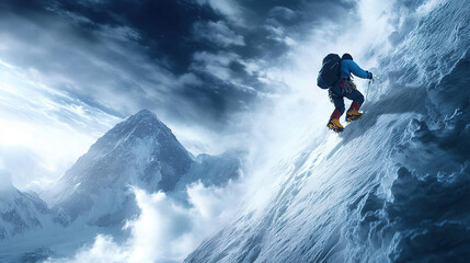 Wall Mural - A mountain climber climbing the side of an icy, snowy peak, with dramatic clouds overhead, realistic photography