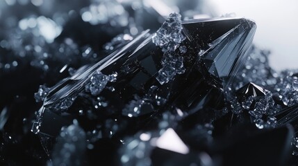 A close-up of a shiny black crystal with small crystals surrounding it.