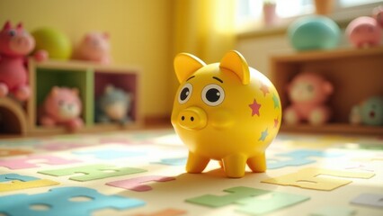 Colored markers for brainstorming sessions. Two adorable piggy banks, pink and mint, sit on a colorful desk surrounded by notes, embodying savings with playful charm.