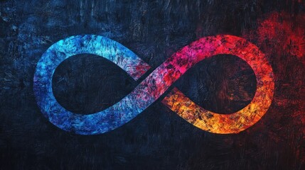 A stylized infinity symbol on a dark textured background with vibrant blue and orange colors.