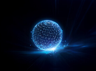 a glowing blue sphere made of connected points against a dark blue background, suggesting a digital 