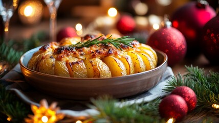 Festive Baked Potato Dish with Rosemary and Christmas Decorations