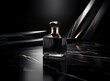 © joeycheung - A clear glass bottle of perfume with a gold top sits on a black marble surface.