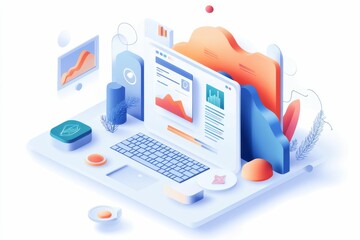 Laptop with graphs, buttons, and stylized elements.