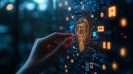 artificial intelligence concept with a hand touch background, hand touching light bulb technology