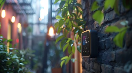 Wall Mural - in an urban setting a smart thermostat featuring dynamic weather graphs