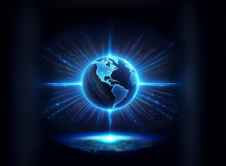 a glowing blue earth surrounded by a burst of light, positioned above a reflecting surface.