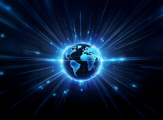 a glowing blue globe surrounded by beams of light against a dark background.