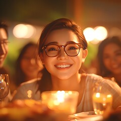 Wall Mural - Joyful woman smiling at a cozy evening gathering