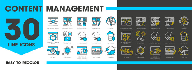 Leinwandbilder - Cms symbols, Content management system icons. Website engine, content upload, edit and delete, support, authorized user and administrator. Database, security or time saving, page editing and analysis