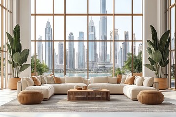 Poster - A modern living room with a large sectional sofa, a coffee table, and two potted plants. The room has a large window with a view of the city skyline.