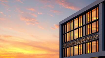 Canvas Print - A modern building bathed in warm sunset light, featuring large windows and a sleek design that showcases a beautiful sky.