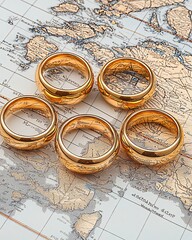 Five golden wedding rings on a vintage world map background.