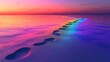 © DudeDesignStudio - A path of footprints leads towards a colorful horizon with a rainbow of light reflecting in the water.