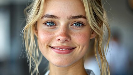 Wall Mural - A cheerful young woman with blue eyes smiles warmly in a vibrant indoor environment, reflecting a sunny summer atmosphere