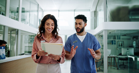 Canvas Print - Hospital chief, teamwork and planning with doctor and woman for documents, schedule and feedback. Consultant, advice and medical with people in clinic for healthcare compliance, nurse and insurance