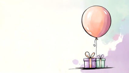 Wall Mural - A Balloon and a Gift: A simple heartwarming illustration of a balloon floating above wrapped gifts. Birthday. Celebration. 1