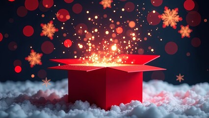 Wall Mural - an opened red magic 3d box with golden rays flying from box. festive christmas backround with snowfl